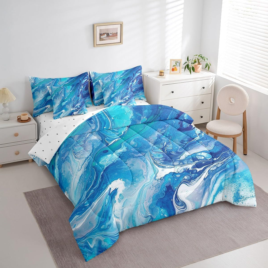 Marble Bedding Set Abstract Art Bed in a Bag Marble Texture Comforter Set Full Size 7 Pieces for Boys Girls Teens Decor Bed Set with Comforter, Sheet Set, Pillowcases, Pillow Covers Blue - Just Closeouts Canada Inc.X004D1HHSL