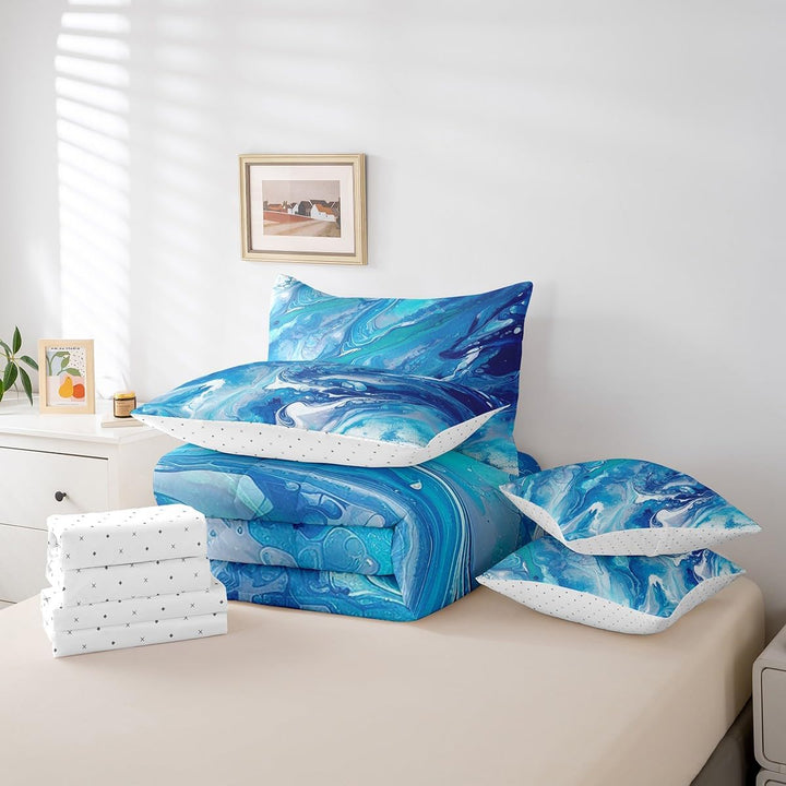 Marble Bedding Set Abstract Art Bed in a Bag Marble Texture Comforter Set Full Size 7 Pieces for Boys Girls Teens Decor Bed Set with Comforter, Sheet Set, Pillowcases, Pillow Covers Blue - Just Closeouts Canada Inc.X004D1HHSL