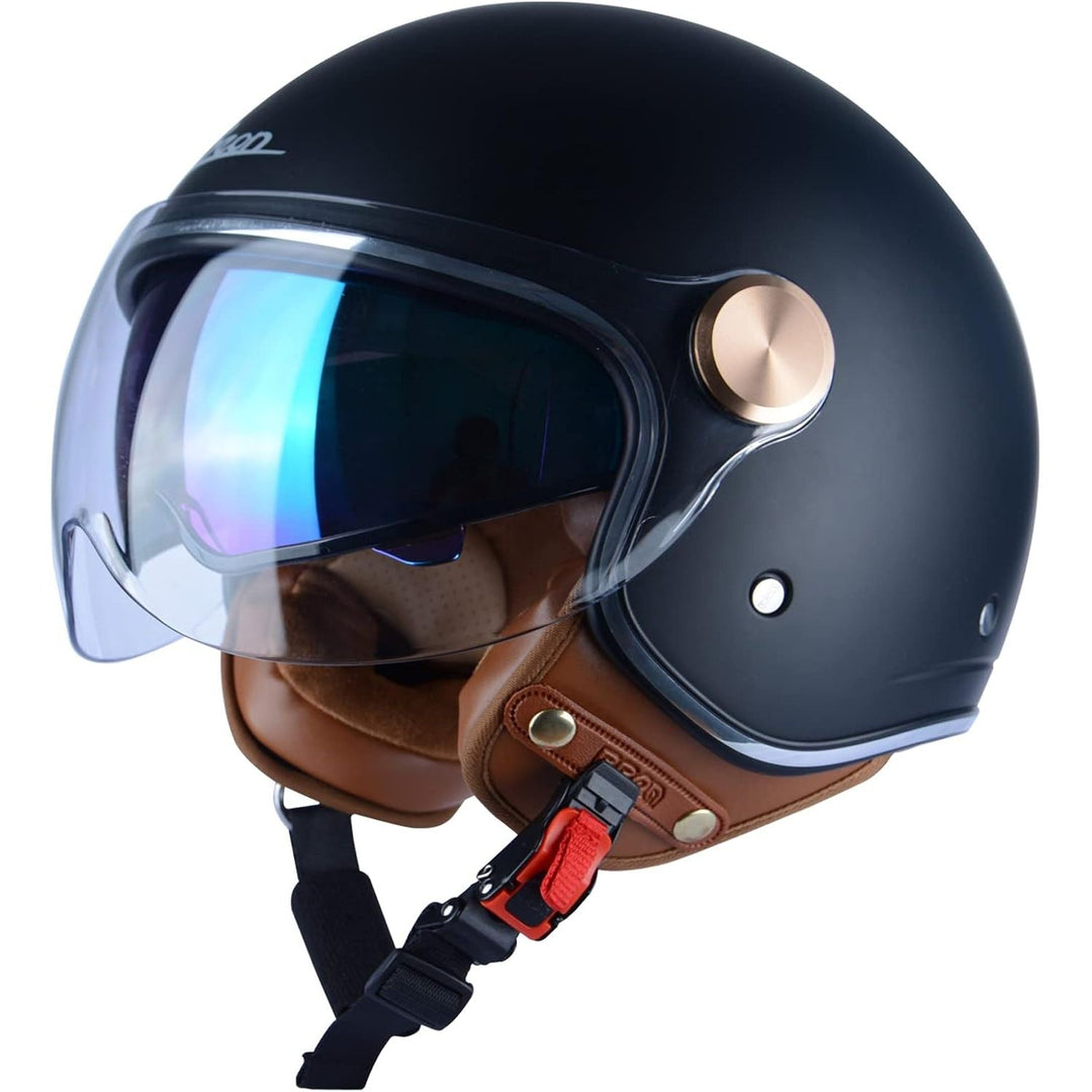 Matte Black Medium Open-Face Motorcycle Helmet with Dual Visors - Just Closeouts Canada Inc.