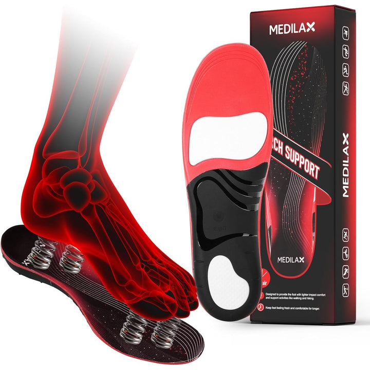 Medilax 220+lbs Plantar Fasciitis High Arch Support Insoles Men Women - Orthotic Shoe Inserts for Foot Pain Relief - Work Boot Shoe Insole - Standing All Day Heavy Duty Support (M, Black) - Just Closeouts Canada Inc.