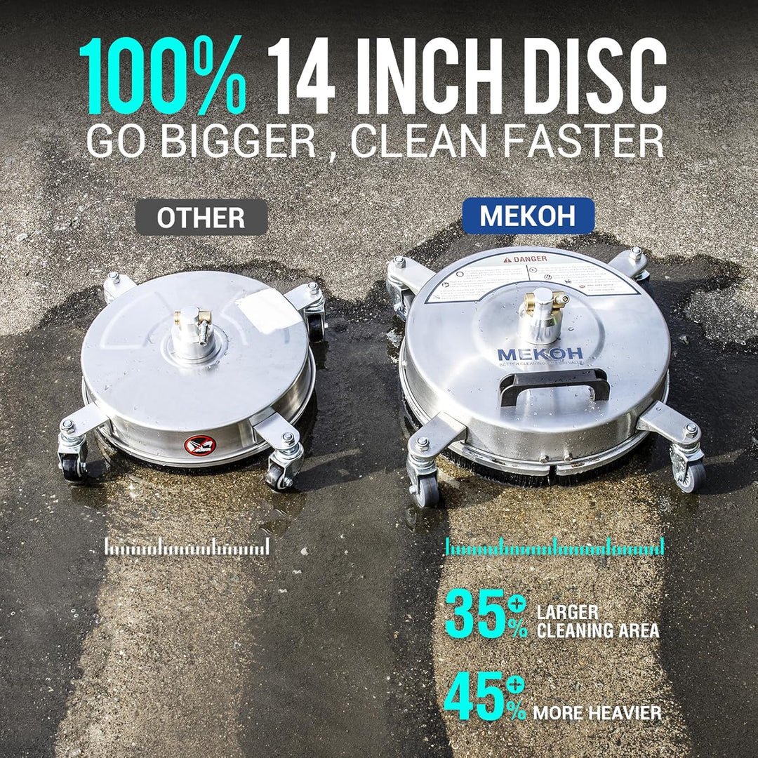 MEKOH 14" Pressure Washer Surface Cleaner 4500PSI, 4 Wheels Stainless Steel Power Washer Attachment for Driveway Sidewalk Patio Concrete, 1/4'' Quick - Connect, 2 Extension Wands & 5 Nozzles - Just Closeouts Canada Inc.