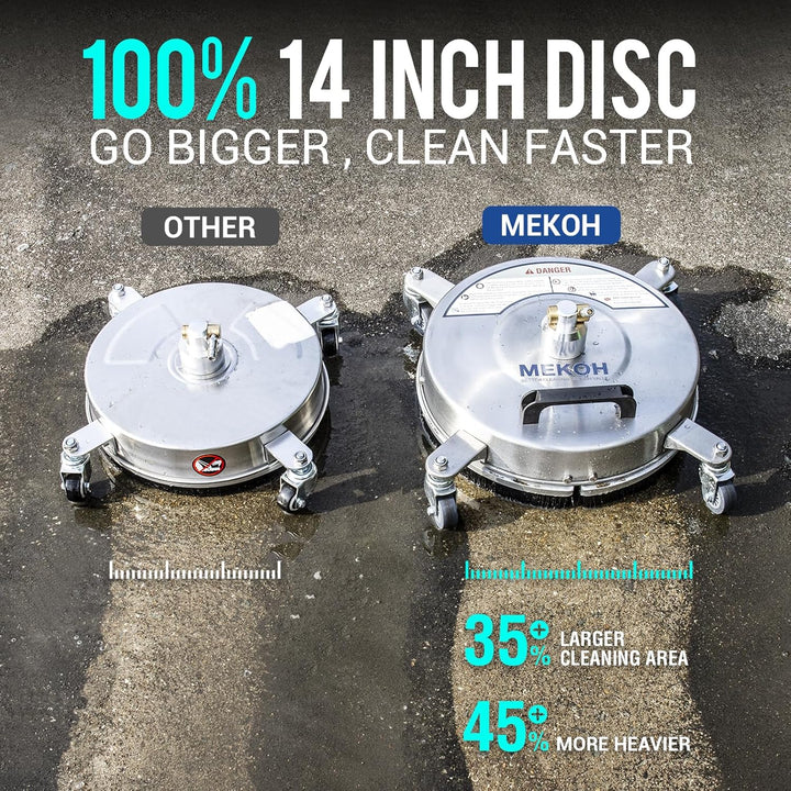 MEKOH 14" Pressure Washer Surface Cleaner 4500PSI, 4 Wheels Stainless Steel Power Washer Attachment for Driveway Sidewalk Patio Concrete, 1/4'' Quick - Connect, 2 Extension Wands & 5 Nozzles - Just Closeouts Canada Inc.