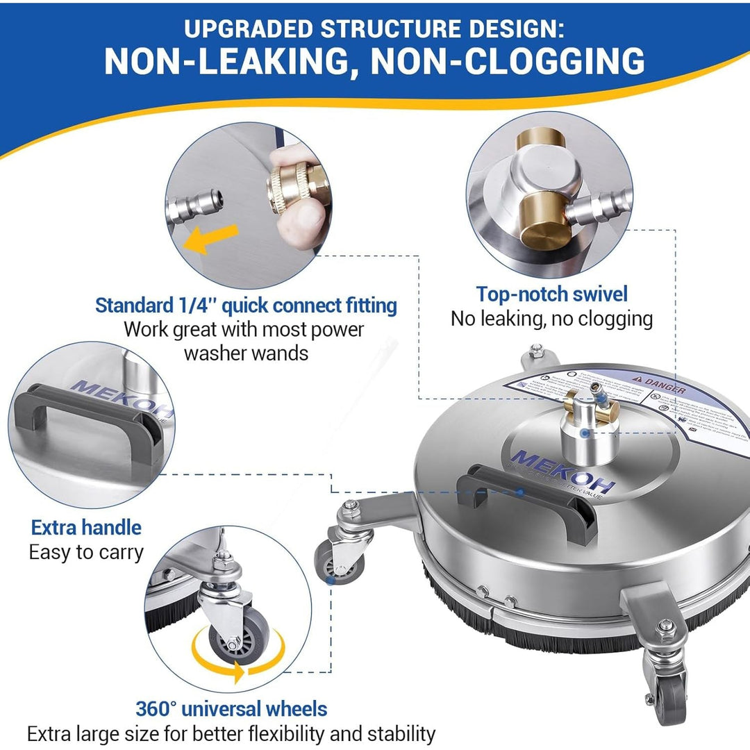 MEKOH 14" Pressure Washer Surface Cleaner 4500PSI, 4 Wheels Stainless Steel Power Washer Attachment for Driveway Sidewalk Patio Concrete, 1/4'' Quick - Connect, 2 Extension Wands & 5 Nozzles - Just Closeouts Canada Inc.