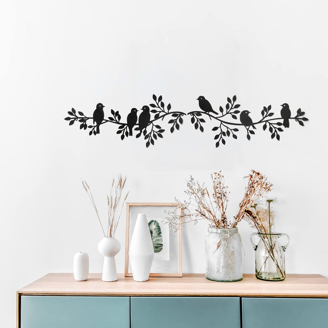 Metal Birds Wall Decor Art Leaves 6 Birds on Vine Olive Branch Iron Sculptures Silhouette Metal Hanging Ornament Bedroom Living Room Indoor Outdoor Decoration - Just Closeouts Canada Inc.