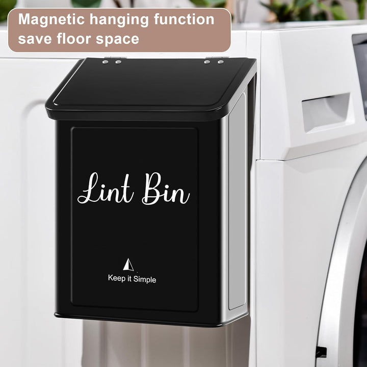 Metal Magnetic Lint Bin for Laundry Room, Wall Mounted Lint Box Holder Trash Can with Lid for Dryer, Black - Just Closeouts Canada Inc.