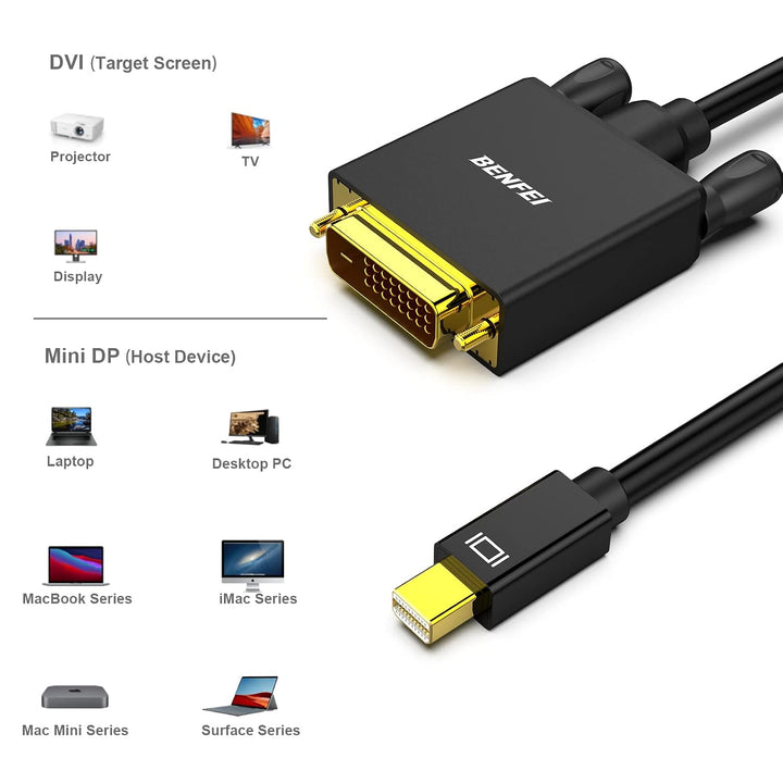 Mini Displayport to DVI Cable, Mini DP to DVI 1.83M Cable Male to Male Gold-Plated Cord for MacBook, iMac(LG51) Surface Pro and Laptop - Just Closeouts Canada Inc.000108black