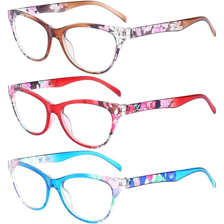 Three floral reading glasses in mixed tea, red and blue colours