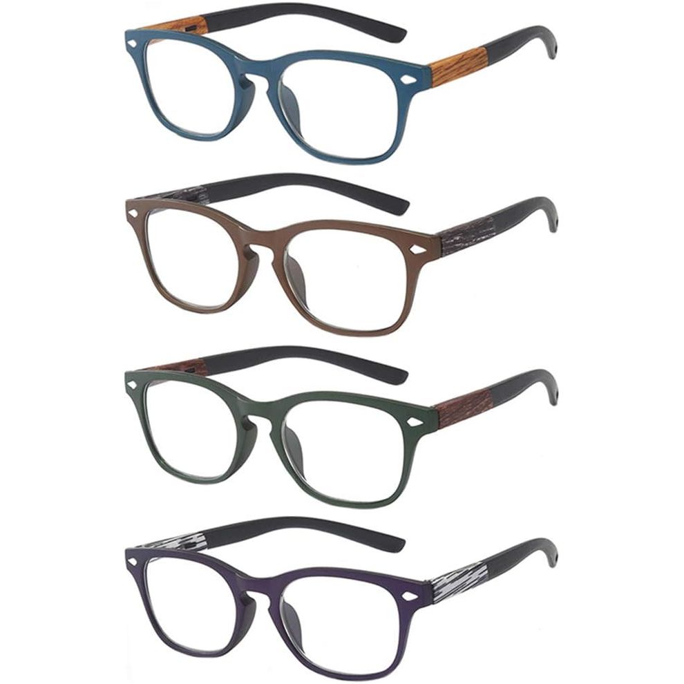 Four mixed-colour wood-grain reading glasses