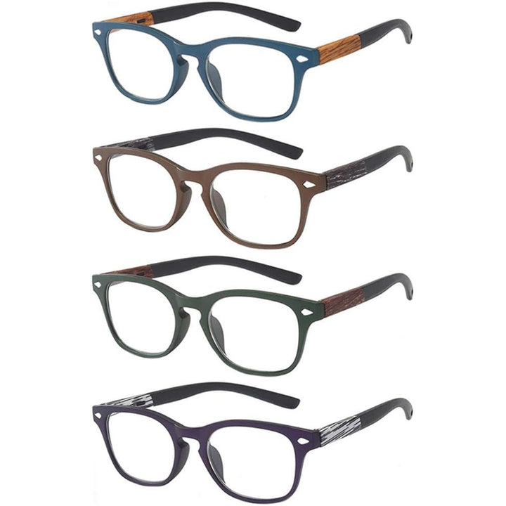 Four mixed-colour wood-grain reading glasses
