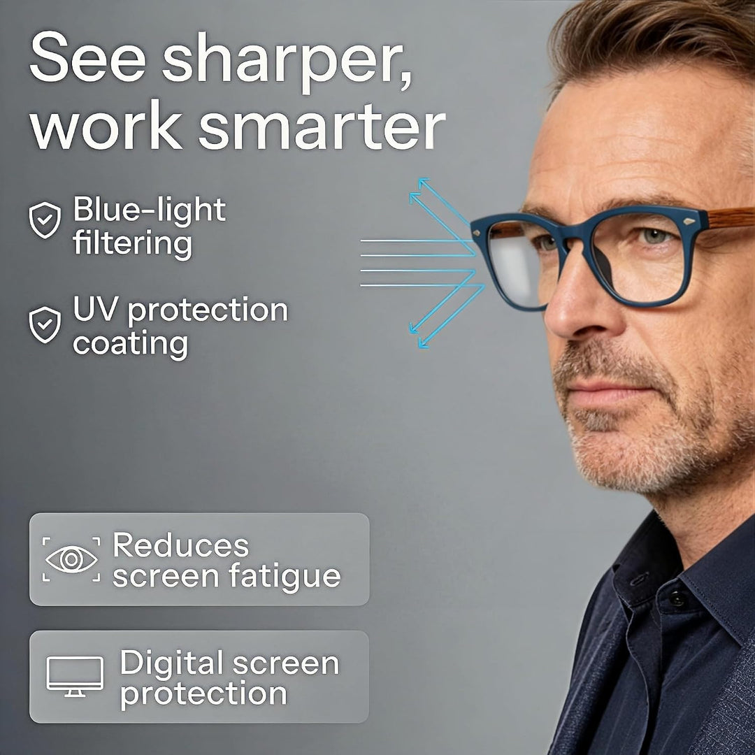 Wood-grain reading glasses worn from the front