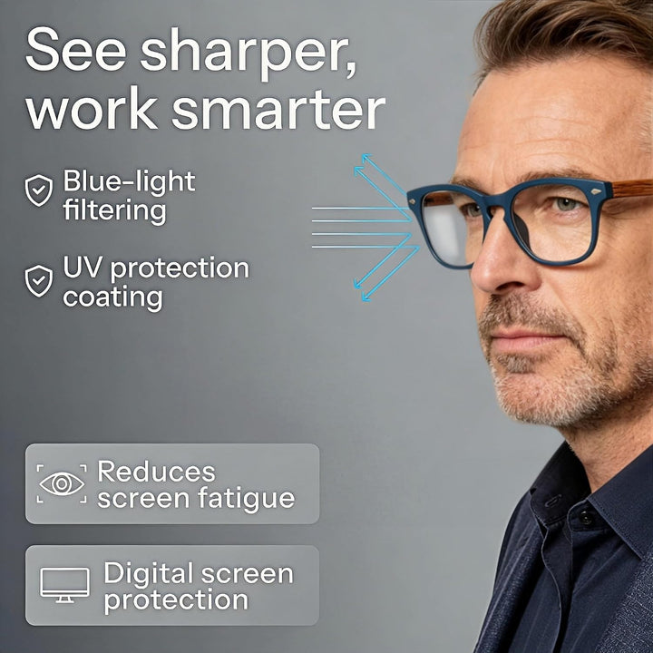 Wood-grain reading glasses worn from the front