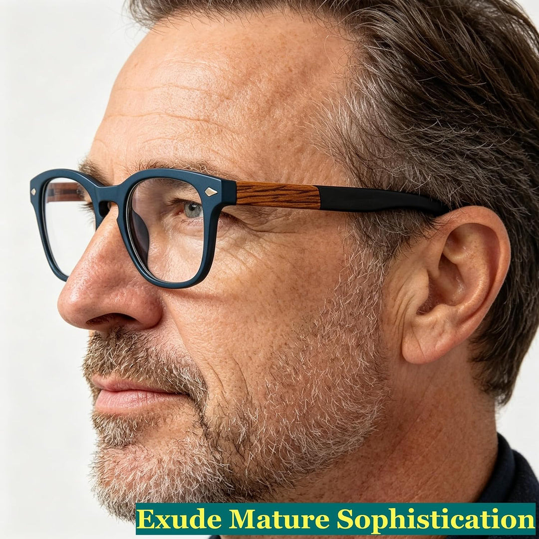 Reading glasses side profile on a model