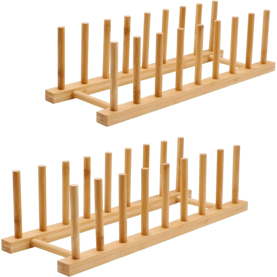 MOAMUN 2 Pack Bamboo Dish Drying Rack Plate Rack Stand Pot Lid Holder Cabinet Dish Organizer Rack Drainer Storage Holder for Dish Bowl, Cup, Cutting Board and More - Just Closeouts Canada Inc.