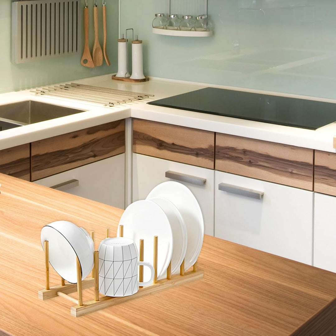 MOAMUN 2 Pack Bamboo Dish Drying Rack Plate Rack Stand Pot Lid Holder Cabinet Dish Organizer Rack Drainer Storage Holder for Dish Bowl, Cup, Cutting Board and More - Just Closeouts Canada Inc.