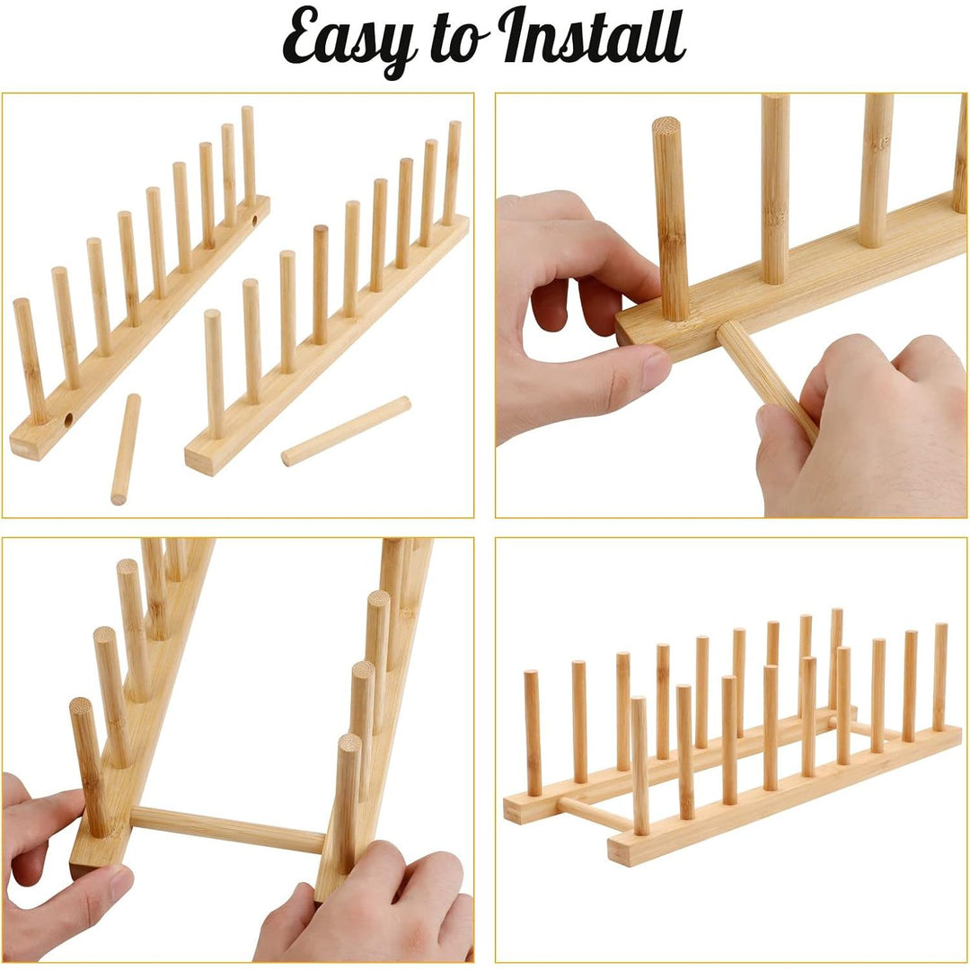 MOAMUN 2 Pack Bamboo Dish Drying Rack Plate Rack Stand Pot Lid Holder Cabinet Dish Organizer Rack Drainer Storage Holder for Dish Bowl, Cup, Cutting Board and More - Just Closeouts Canada Inc.