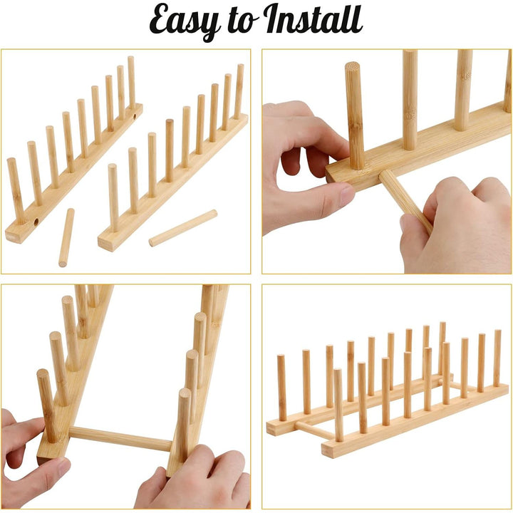 MOAMUN 2 Pack Bamboo Dish Drying Rack Plate Rack Stand Pot Lid Holder Cabinet Dish Organizer Rack Drainer Storage Holder for Dish Bowl, Cup, Cutting Board and More - Just Closeouts Canada Inc.