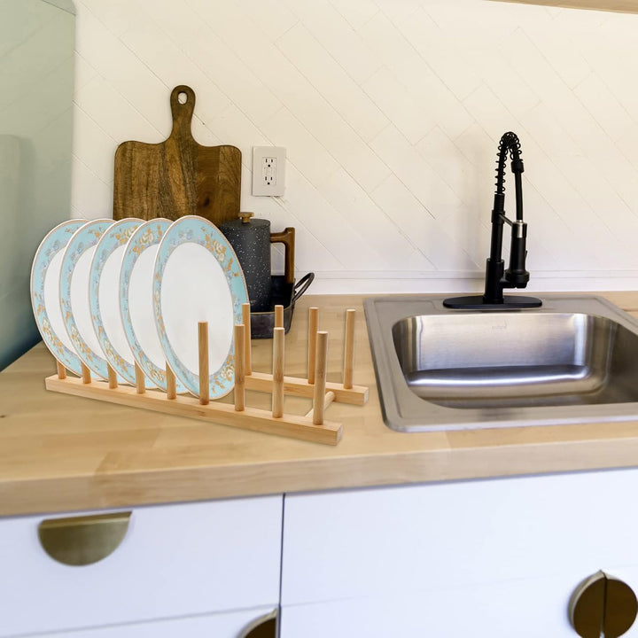 MOAMUN 2 Pack Bamboo Dish Drying Rack Plate Rack Stand Pot Lid Holder Cabinet Dish Organizer Rack Drainer Storage Holder for Dish Bowl, Cup, Cutting Board and More - Just Closeouts Canada Inc.