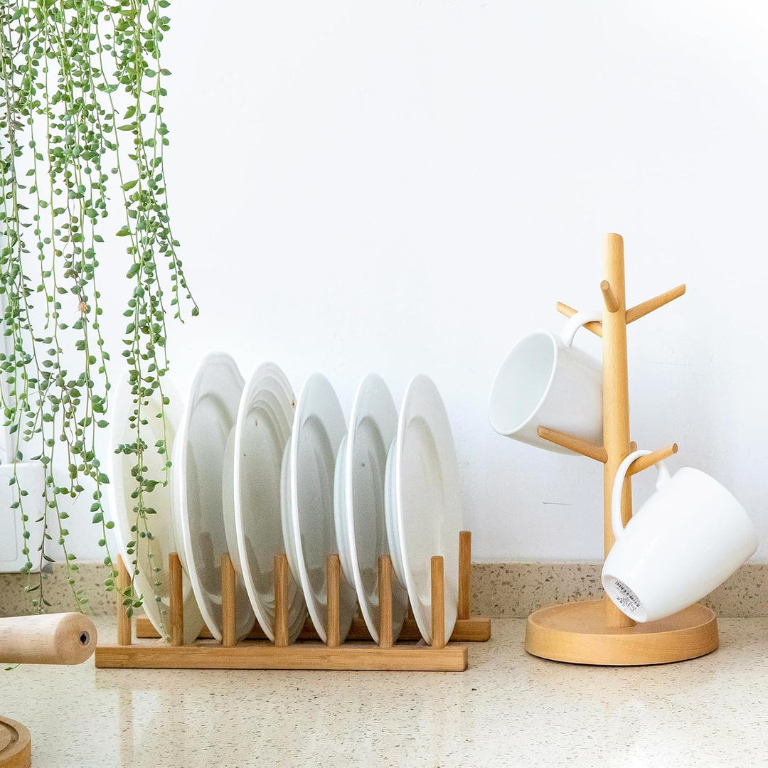 MOAMUN 2 Pack Bamboo Dish Drying Rack Plate Rack Stand Pot Lid Holder Cabinet Dish Organizer Rack Drainer Storage Holder for Dish Bowl, Cup, Cutting Board and More - Just Closeouts Canada Inc.