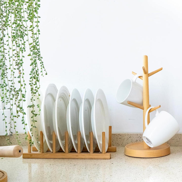 MOAMUN 2 Pack Bamboo Dish Drying Rack Plate Rack Stand Pot Lid Holder Cabinet Dish Organizer Rack Drainer Storage Holder for Dish Bowl, Cup, Cutting Board and More - Just Closeouts Canada Inc.