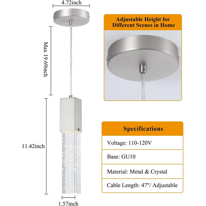 Modern Crystal Pendant Lights for Kitchen Island, Brushed Nickel Pendant Light Fixtures 1 - Light, Bubble Crystal Pendant Lighting for Bar Over Sink, GU10 Base (Bulb Not Included) - Just Closeouts Canada Inc.