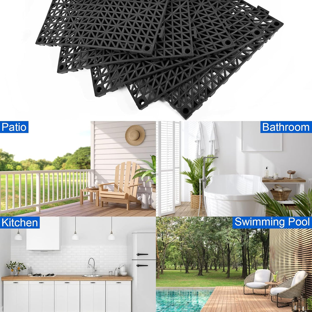 Modular Interlocking Cushion 12 Pack 11.8" x 11.8" Rubber Floor Tiles Non - Slip Splicing Drainage Mats for Deck, Pool, Outdoor Shower, Patio, Balcony, Indoor Bathroom, Kitchen, Yard (Black) - Just Closeouts Canada Inc.