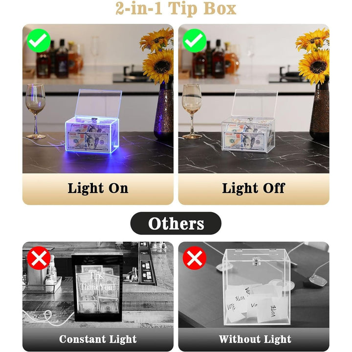 MoKo Light Up Acrylic Tip Jar, Detachable Lighted Tip Box Money Box for Bar Restaurant Band, Clear Suggestion Box with Sign Holder, Ballot Box with Lock Slot, 6.3"L×4.5"W×3.9"H - Just Closeouts Canada Inc.