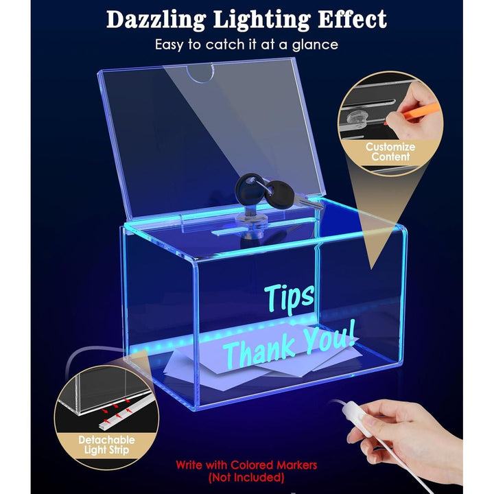 MoKo Light Up Acrylic Tip Jar, Detachable Lighted Tip Box Money Box for Bar Restaurant Band, Clear Suggestion Box with Sign Holder, Ballot Box with Lock Slot, 6.3"L×4.5"W×3.9"H - Just Closeouts Canada Inc.