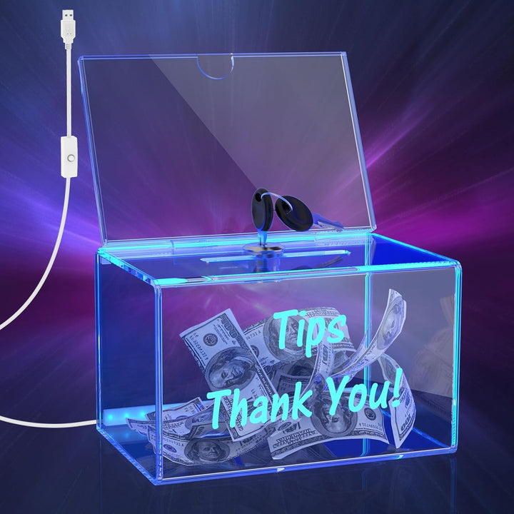 MoKo Light Up Acrylic Tip Jar, Detachable Lighted Tip Box Money Box for Bar Restaurant Band, Clear Suggestion Box with Sign Holder, Ballot Box with Lock Slot, 6.3"L×4.5"W×3.9"H - Just Closeouts Canada Inc.