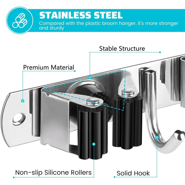 Mop Broom Holder Wall Mount, 5 Broom Gripper 4 Hooks Heavy Duty Stainless Steel Broom Hanger Wall Mount, Holds Up to 44 lbs, Ideal for Garage Storage Cleaning Tool Rack (5 Grippers 4 Hooks) - Just Closeouts Canada Inc.