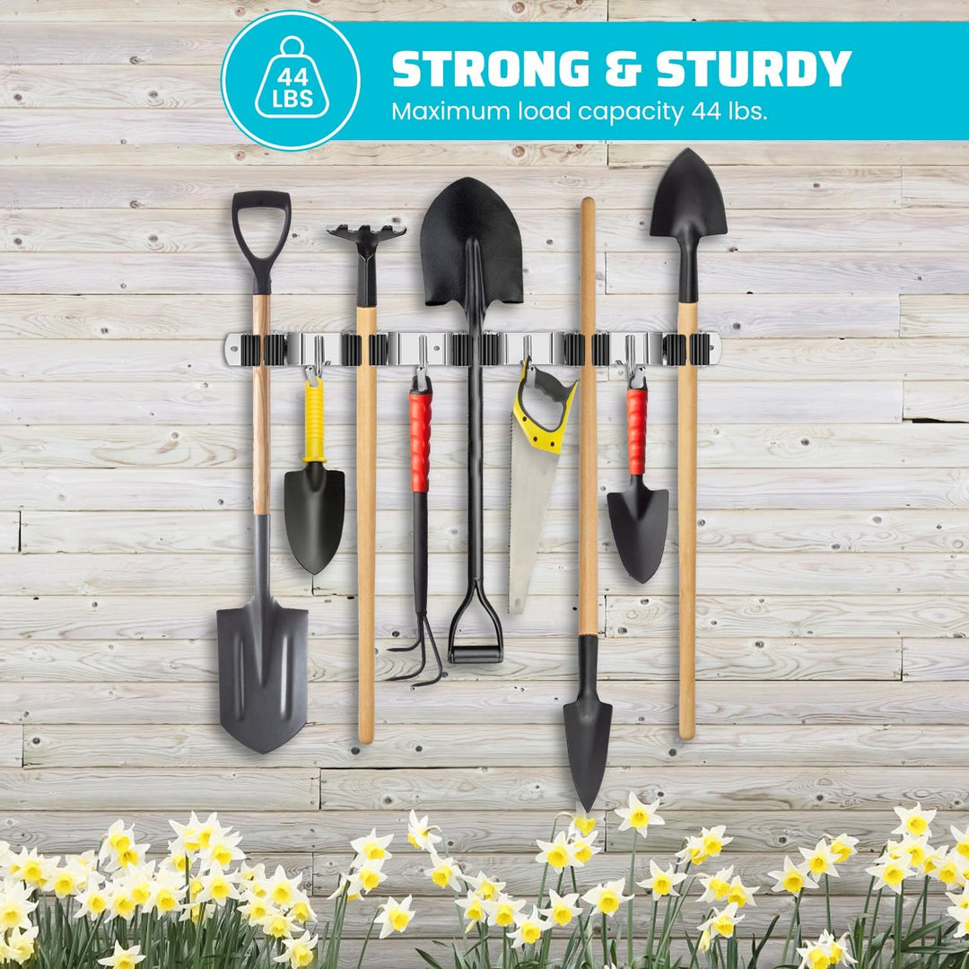 Mop Broom Holder Wall Mount, 5 Broom Gripper 4 Hooks Heavy Duty Stainless Steel Broom Hanger Wall Mount, Holds Up to 44 lbs, Ideal for Garage Storage Cleaning Tool Rack (5 Grippers 4 Hooks) - Just Closeouts Canada Inc.