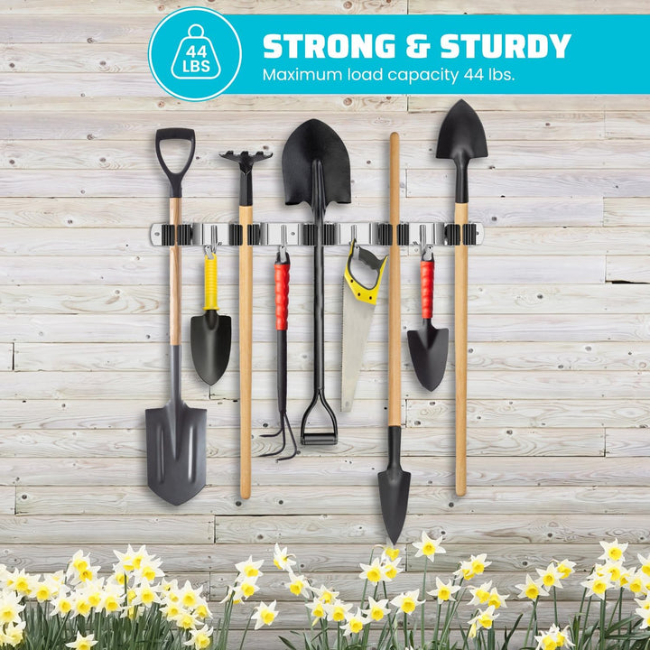 Mop Broom Holder Wall Mount, 5 Broom Gripper 4 Hooks Heavy Duty Stainless Steel Broom Hanger Wall Mount, Holds Up to 44 lbs, Ideal for Garage Storage Cleaning Tool Rack (5 Grippers 4 Hooks) - Just Closeouts Canada Inc.