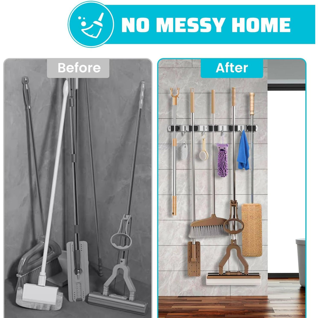 Mop Broom Holder Wall Mount, 5 Broom Gripper 4 Hooks Heavy Duty Stainless Steel Broom Hanger Wall Mount, Holds Up to 44 lbs, Ideal for Garage Storage Cleaning Tool Rack (5 Grippers 4 Hooks) - Just Closeouts Canada Inc.
