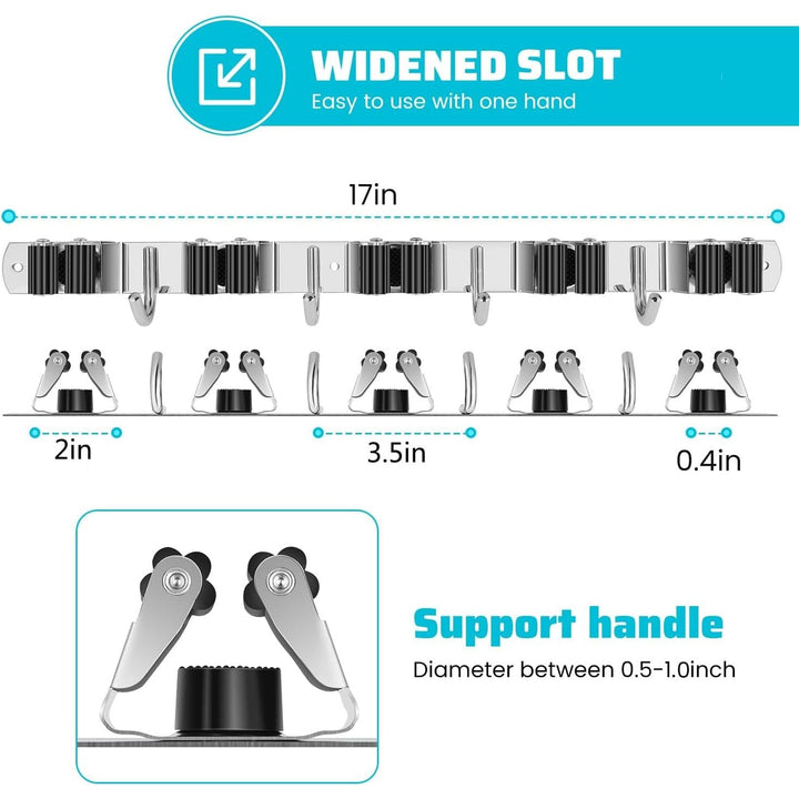 Mop Broom Holder Wall Mount, 5 Broom Gripper 4 Hooks Heavy Duty Stainless Steel Broom Hanger Wall Mount, Holds Up to 44 lbs, Ideal for Garage Storage Cleaning Tool Rack (5 Grippers 4 Hooks) - Just Closeouts Canada Inc.