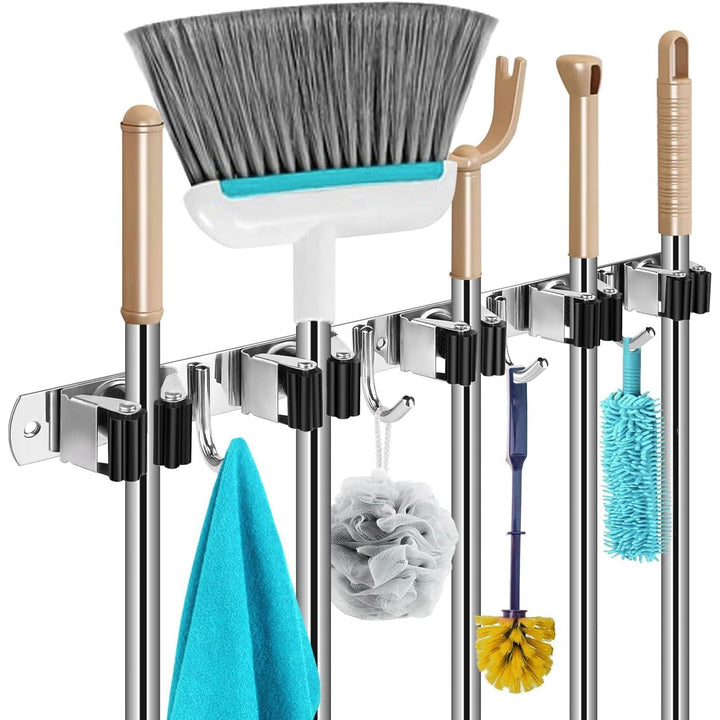 Mop Broom Holder Wall Mount, 5 Broom Gripper 4 Hooks Heavy Duty Stainless Steel Broom Hanger Wall Mount, Holds Up to 44 lbs, Ideal for Garage Storage Cleaning Tool Rack (5 Grippers 4 Hooks) - Just Closeouts Canada Inc.