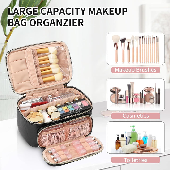 Multifunctional Make Up Bags with Zipper Pouch Large Compact Makeup Bag Organizer for Women Girls Cosmetics Toiletry Brushes Storage Makeup Case with Handle Divider - Black - Just Closeouts Canada Inc.X004GNXE6F