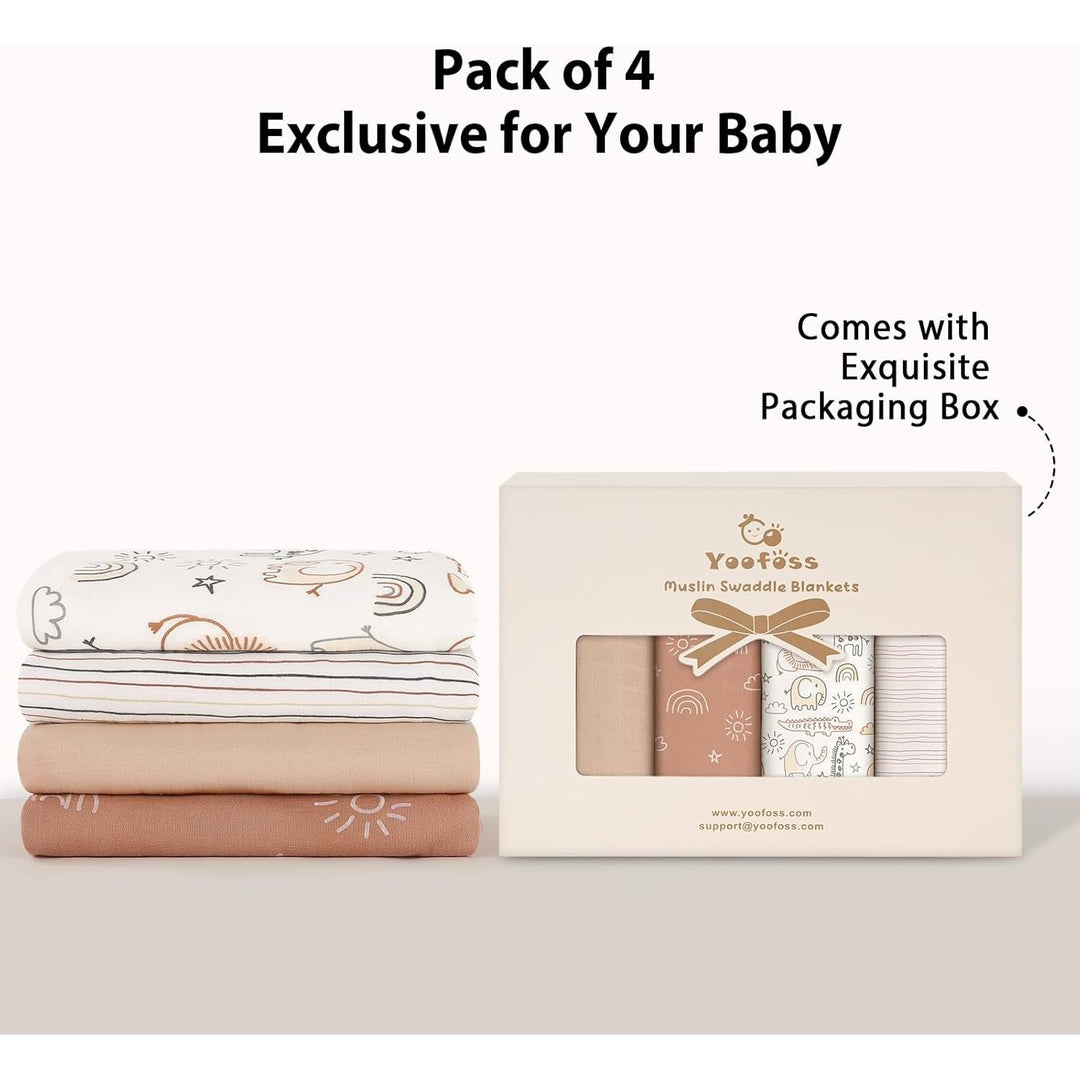 Muslin Swaddle Blankets, 4 Pack Receiving Blankets for Boys and Girls, 47 x 47 Inches Muslin Baby Blankets Soft Breathable - Brown Animals - Just Closeouts Canada Inc.