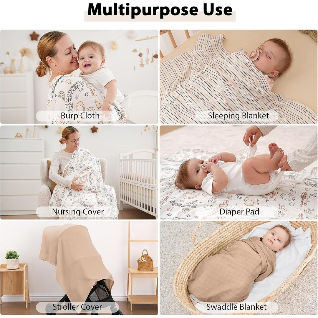 Muslin Swaddle Blankets, 4 Pack Receiving Blankets for Boys and Girls, 47 x 47 Inches Muslin Baby Blankets Soft Breathable - Brown Animals - Just Closeouts Canada Inc.