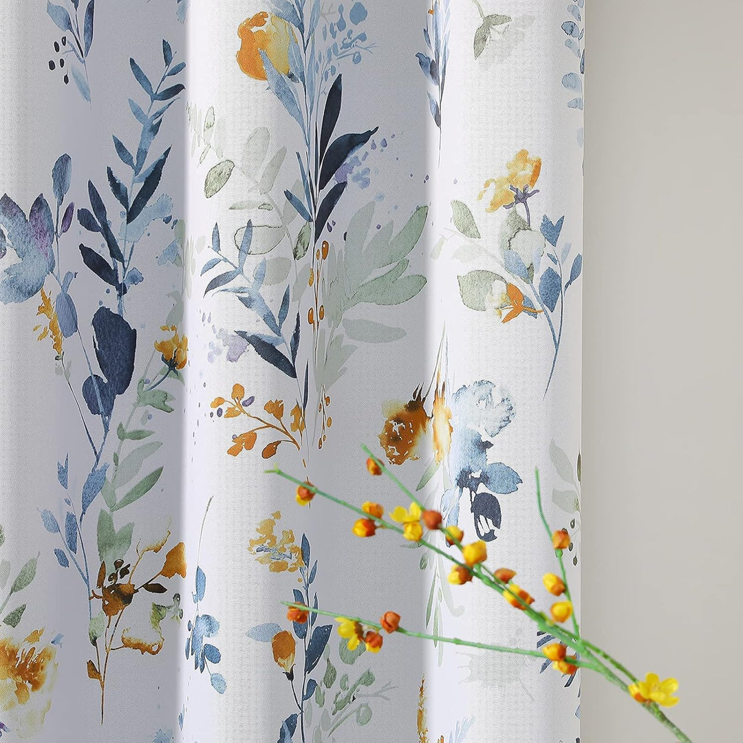 MYSKY HOME Floral Blackout Curtains 63 Inch Long Living Room Bedroom Curtains Thermal Insulated Curtains Room Darkening Curtains Printed Flower Leaf Window Treatments, 2 Panels, Yellow and Blue - Just Closeouts Canada Inc.