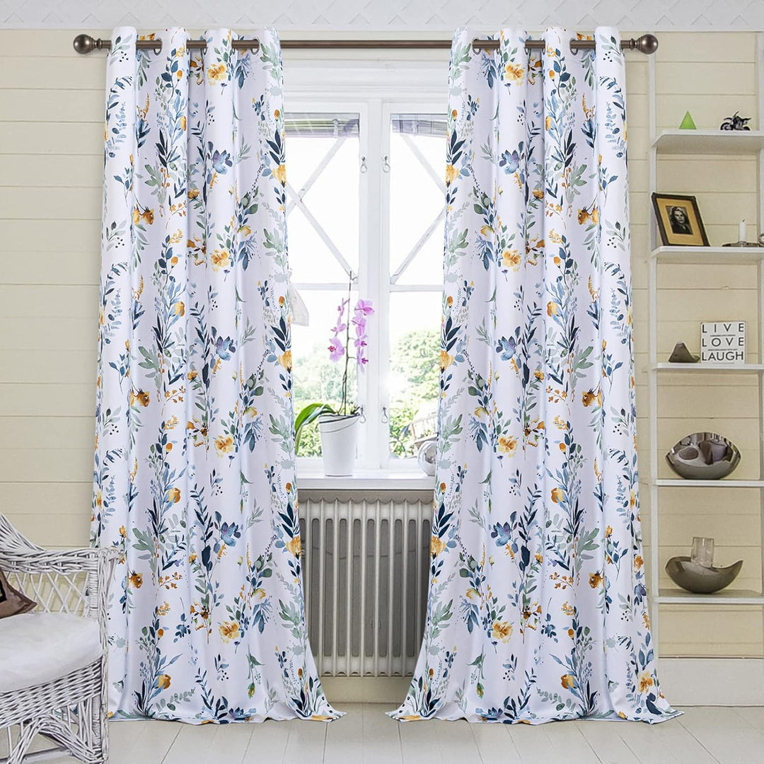 MYSKY HOME Floral Curtains 84 inches Long Living Room Curtains Room Darkening Curtains Thermal Insulated Light Blocking Drapes Grommet for Bedroom Bathroom, 2 Panels, Yellow and Blue - Just Closeouts Canada Inc.