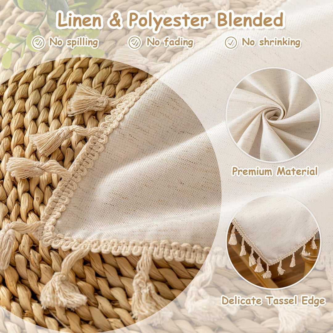 MYSKY HOME Linen Table Cloth Nappe Table Rectangular 60x84 Inch, Boho Tablecloth Dustproof Table Cover for Kitchen Party Holiday Christmas Wedding Banquet, Beige with Beige Tassels - Just Closeouts Canada Inc.