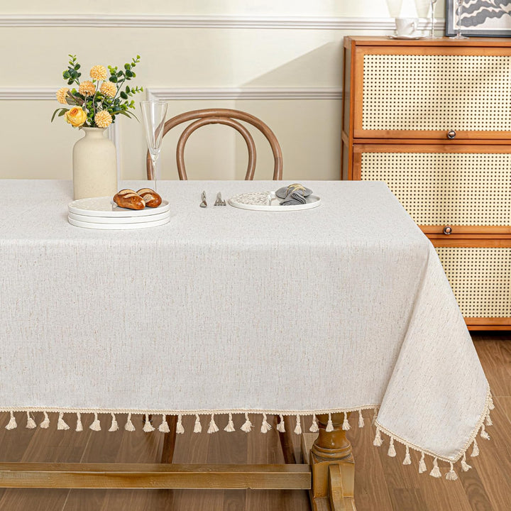 MYSKY HOME Linen Table Cloth Nappe Table Rectangular 60x84 Inch, Boho Tablecloth Dustproof Table Cover for Kitchen Party Holiday Christmas Wedding Banquet, Beige with Beige Tassels - Just Closeouts Canada Inc.