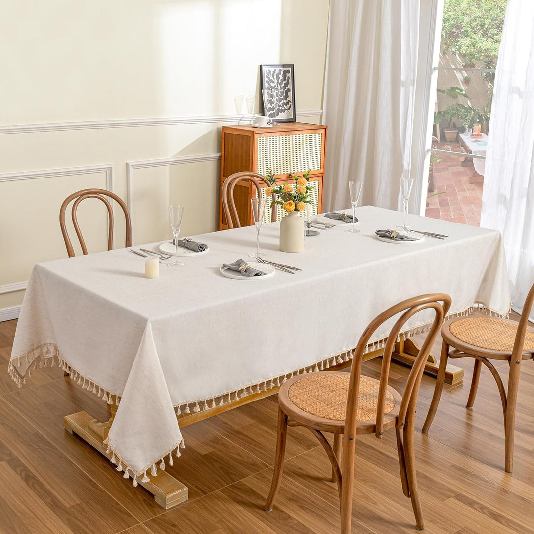 MYSKY HOME Linen Table Cloth Nappe Table Rectangular 60x84 Inch, Boho Tablecloth Dustproof Table Cover for Kitchen Party Holiday Christmas Wedding Banquet, Beige with Beige Tassels - Just Closeouts Canada Inc.