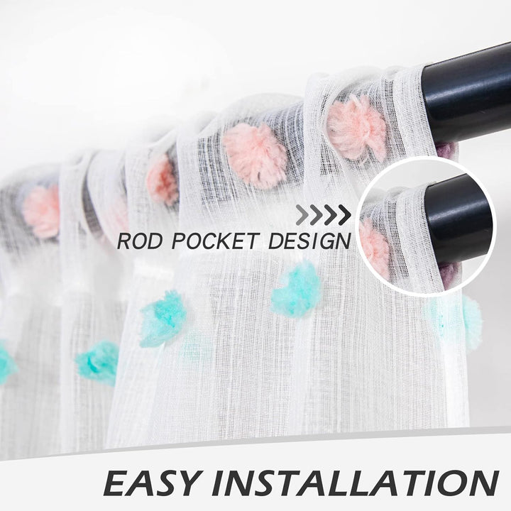 MYSKY HOME Rainbow Pom Pom Curtains for Living Room Light Filtering 84 Inch Long Bedroom Curtains for Nursery Girls Kids Room Rod Pocket Bohemian Voile Window Drapes 52 x 84 inch 2 Panels - Just Closeouts Canada Inc.