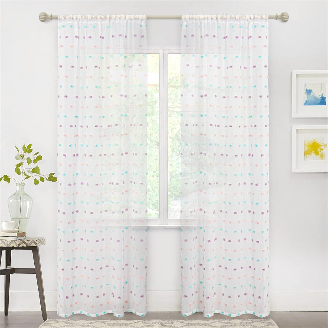MYSKY HOME Rainbow Pom Pom Curtains for Living Room Light Filtering 84 Inch Long Bedroom Curtains for Nursery Girls Kids Room Rod Pocket Bohemian Voile Window Drapes 52 x 84 inch 2 Panels - Just Closeouts Canada Inc.