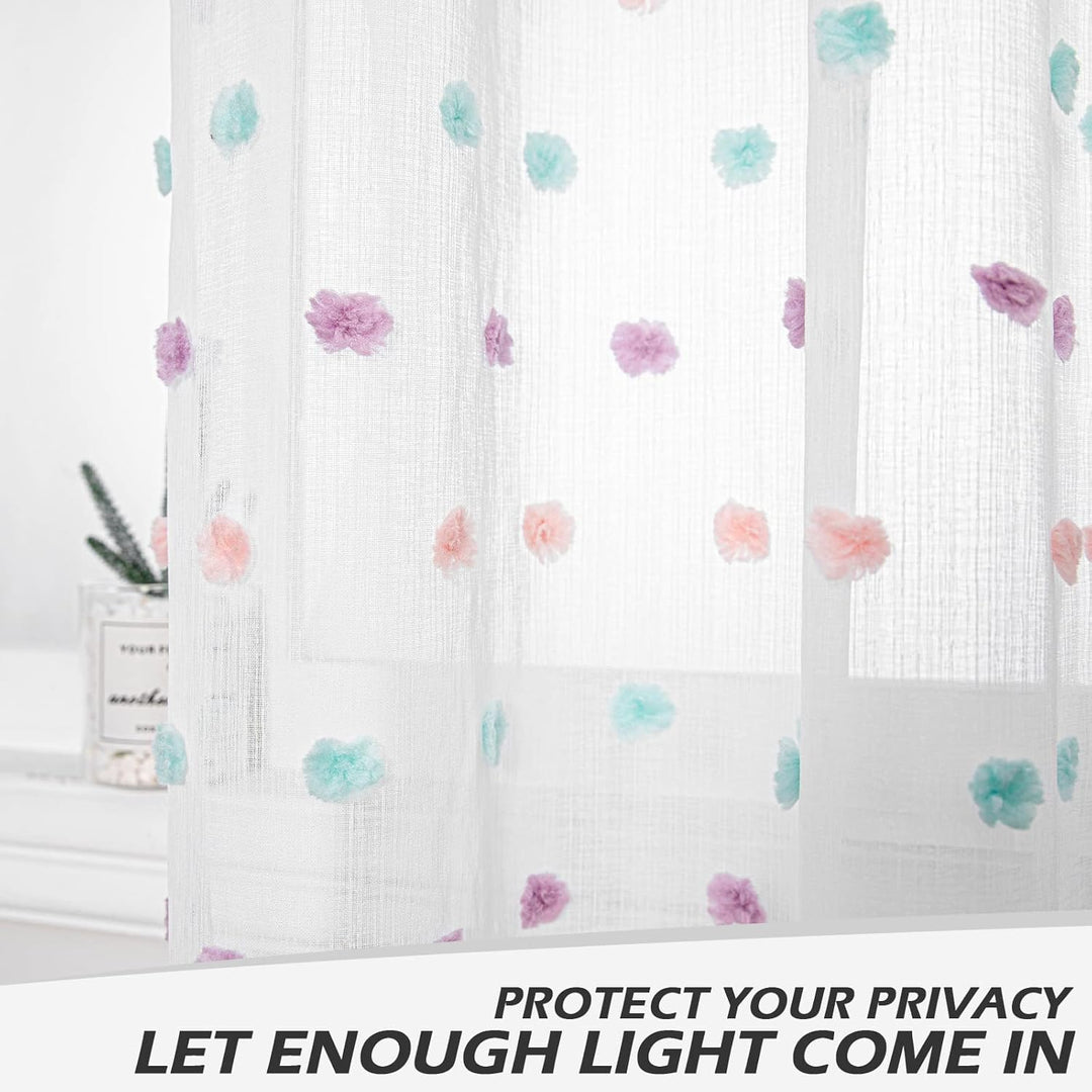 MYSKY HOME White Sheer Curtains for Living Room Sliding Door Windows Rainbow Pom Pom Bedroom Curtains 2 Panels Light Filtering 95 Inch Curtains Dining Room Parties Rod Pocket Farmhouse 52" x 95" inch - Just Closeouts Canada Inc.