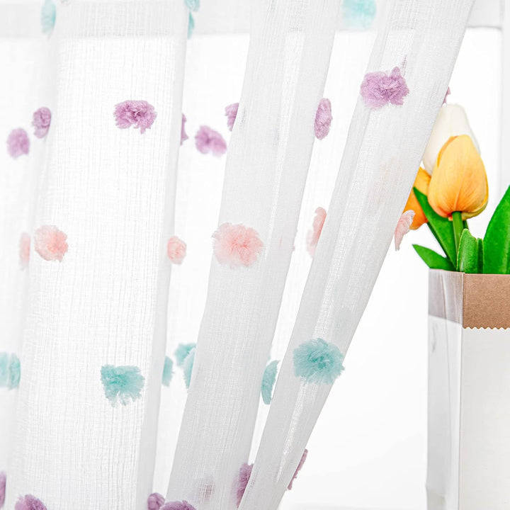 MYSKY HOME White Sheer Curtains for Living Room Sliding Door Windows Rainbow Pom Pom Bedroom Curtains 2 Panels Light Filtering 95 Inch Curtains Dining Room Parties Rod Pocket Farmhouse 52" x 95" inch - Just Closeouts Canada Inc.