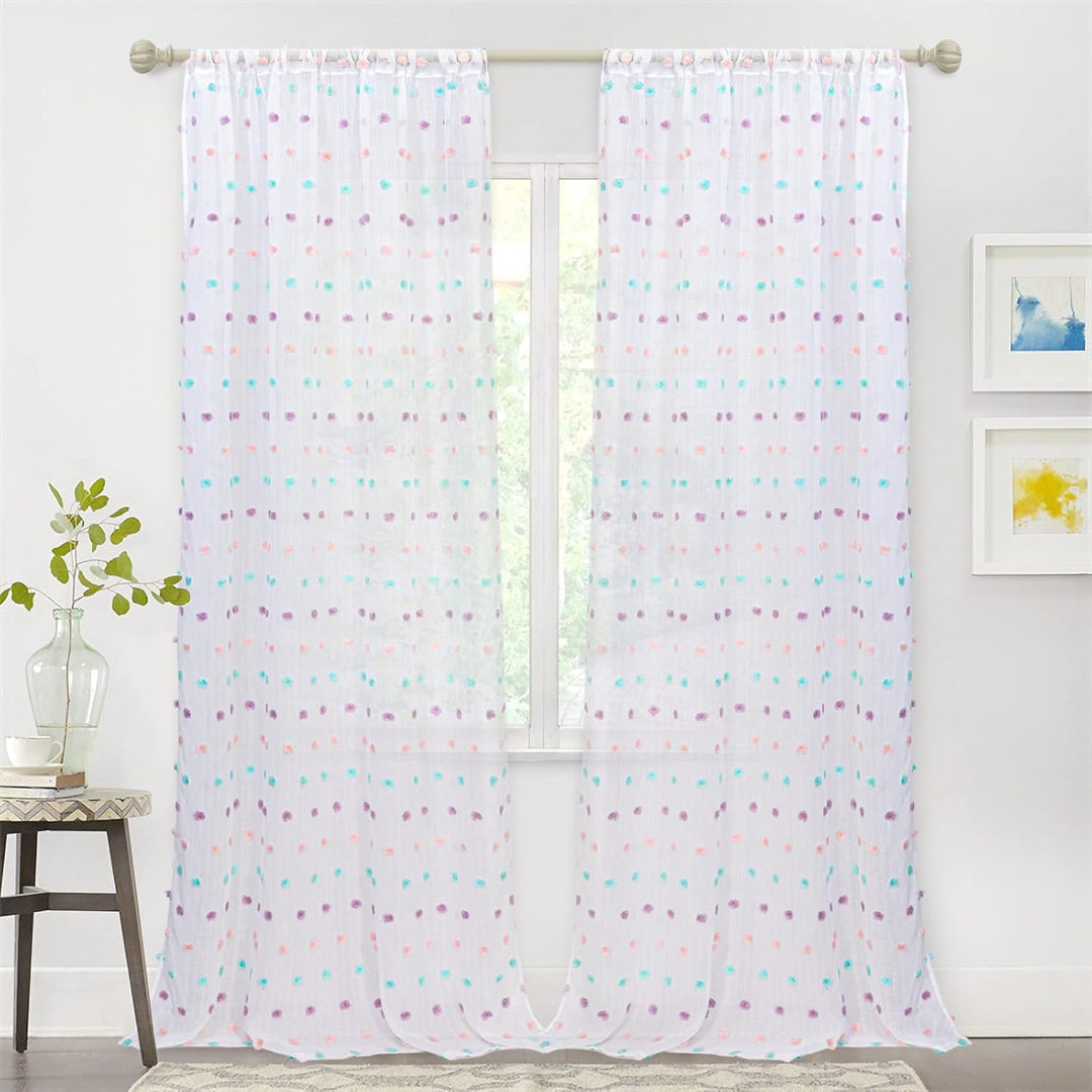 MYSKY HOME White Sheer Curtains for Living Room Sliding Door Windows Rainbow Pom Pom Bedroom Curtains 2 Panels Light Filtering 95 Inch Curtains Dining Room Parties Rod Pocket Farmhouse 52" x 95" inch - Just Closeouts Canada Inc.