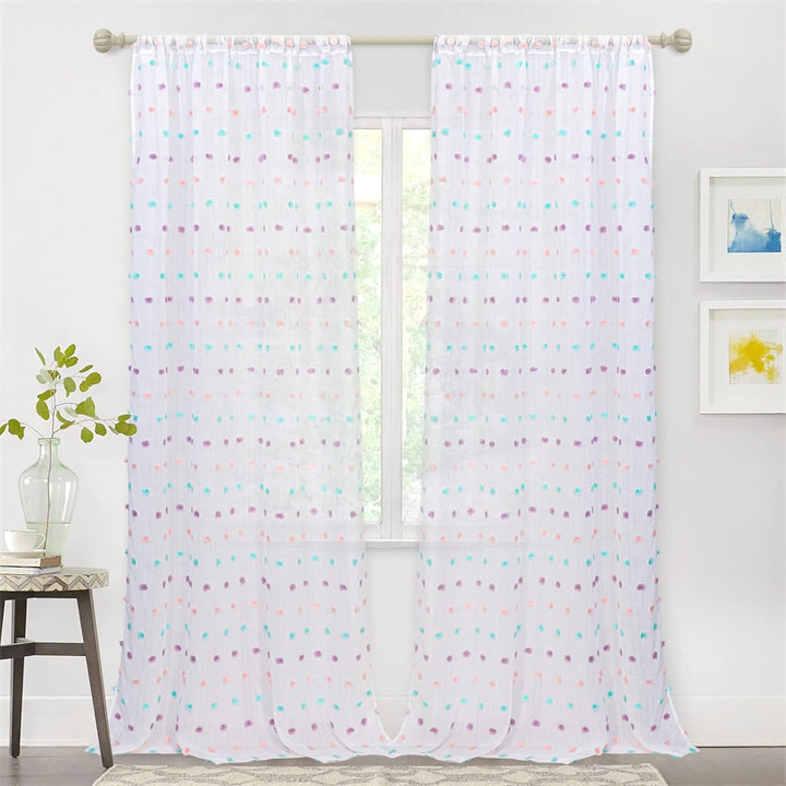 MYSKY HOME White Sheer Curtains for Living Room Sliding Door Windows Rainbow Pom Pom Bedroom Curtains 2 Panels Light Filtering 95 Inch Curtains Dining Room Parties Rod Pocket Farmhouse 52" x 95" inch - Just Closeouts Canada Inc.