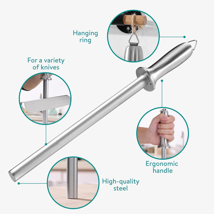 Navaris Diamond Knife Sharpener Steel - Chef Knife Sharpeners with Ergonomic Silver Handle - Honing Rod for Chef's Knives, Paring Knives, Carving Knives, Japanese Kitchen Knives - Just Closeouts Canada Inc.4067668160152