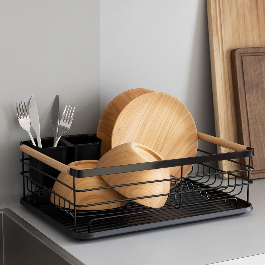 Navaris Dish Drainer Rack - Plate, Silverware, Pots and Pans Drying Rack for Kitchen with Beechwood Handles - Modern Retro Design Drip Tray - Black - Just Closeouts Canada Inc.4063004276396